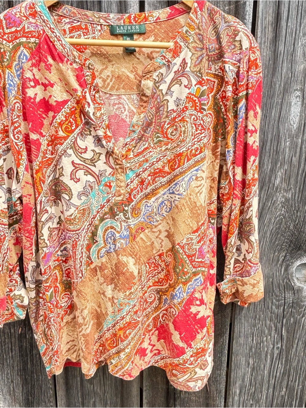 Lauren Ralph Lauren Paisley V‑Neck Blouse Rust Red & Turquoise~Cotton Size 2X